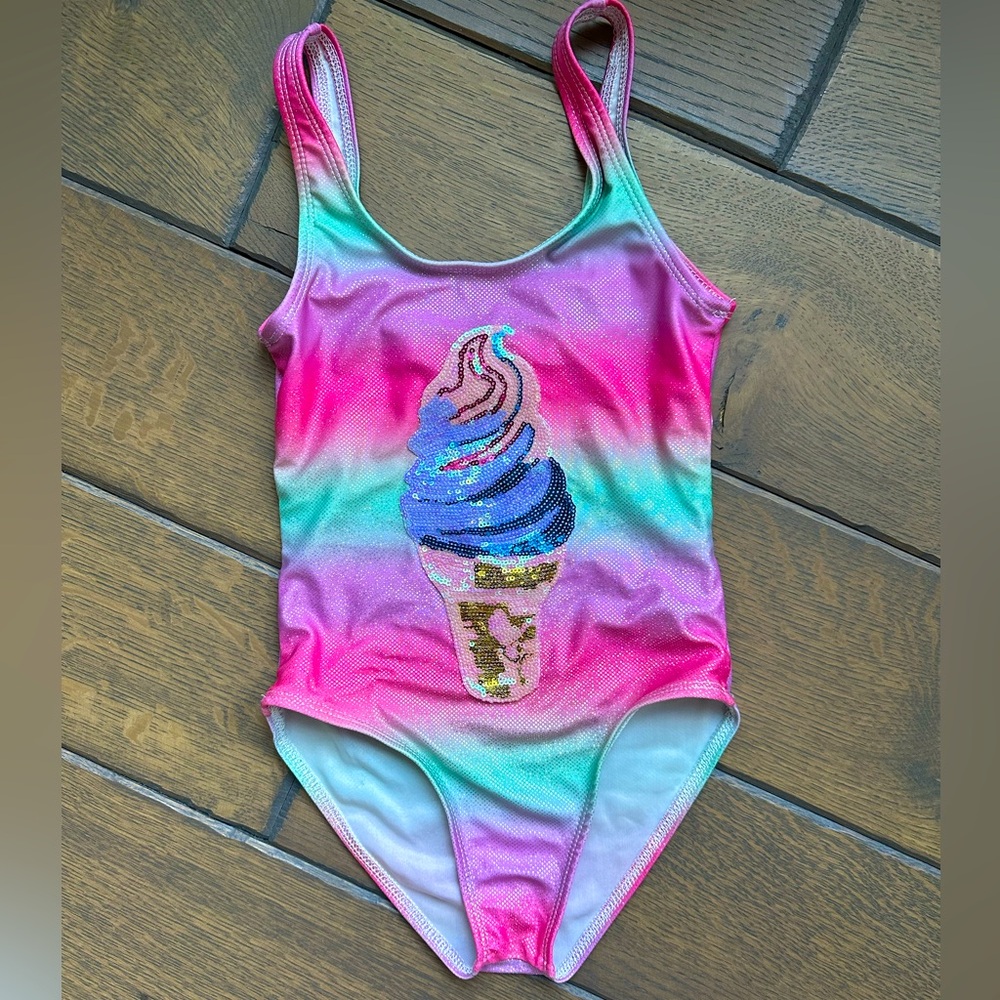 Lola + The Boys sequin ice cream swimsuit. Good Worn condition. No rips. Size 8.